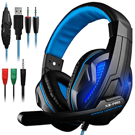 DLAND 3.5mm Wired Noise Isolation Gaming Headphones with Mic,LED Light for Tablet PC, Cellphone, PS4 and New Xbox. - Volume Control, Bass Stereo( Black & Blue )