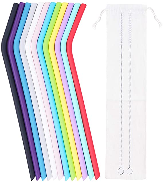 12 Pcs Colorful Reusable Long Flexible Silicone Straws with 2 Cleaning Brushes and a Small Storage Canvas Bag.(0.2" Inner Diameter 0.3"Outer Diameter 9.8" Long) (12 Flexible)