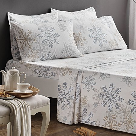 Brielle 100-Percent Cotton Flannel 6 Piece Sheet Set, King, Blue Snowflake