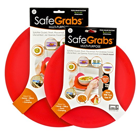 Safe Grabs 2-Piece 8-in-1 Multipurpose Silicone Microwave 10-inch and 12-inch Splatter Guard Set, Red