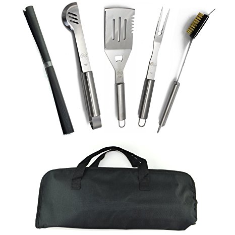 Stainless Steel BBQ Grill Tools Set - 5 Piece Grilling Tool Accessories Barbecue Kit W/ Carry Bag and Silicone BBQ Mat (5)