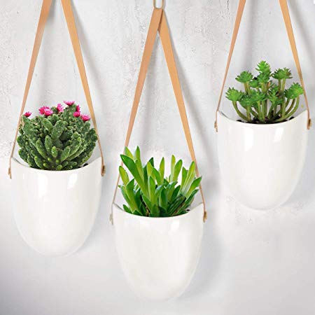 Afaris Ceramic Hanging Planter, Succulent Air Plant Flower-Pot Wall Decor Hanging Planters with Leather Strapes White Ropes No Drainage Hole, Set of 3 (White)