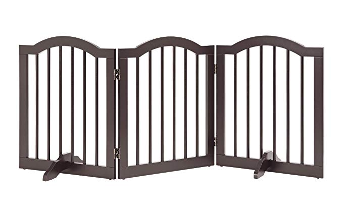 UniPaws Freestanding Pet Gate with 2pcs Support Feet, Foldable Dog Gate for Stairs, Pet Gate Panels, Decorative Indoor Pet Barrier with Arched Top - Espresso