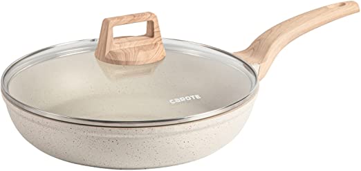 CAROTE Nonstick Frying Pan Skillet,Non Stick Granite Fry Pan with Glass Lid, Egg Pan Omelet Pans, Stone Cookware Chef's Pan, PFOA Free (White Granite, 10-Inch)