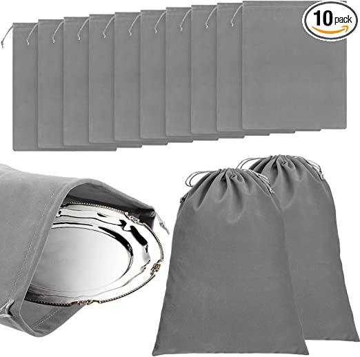 10 Pcs Silver Storage Bags, 9 x 11.8 Inch Anti Tarnish Storage Bag Fabric Cloth Bags for Silver Jewelry Silverware Protection Flatware Silverplate Tarnish Cleaning (Dark Gray)