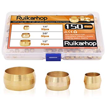 Ruikarhop 150PCS Tube OD（1/4" 3/8" 1/2") Brass Compression Sleeves Ferrules,Brass Compression Fitting Assortment Kit
