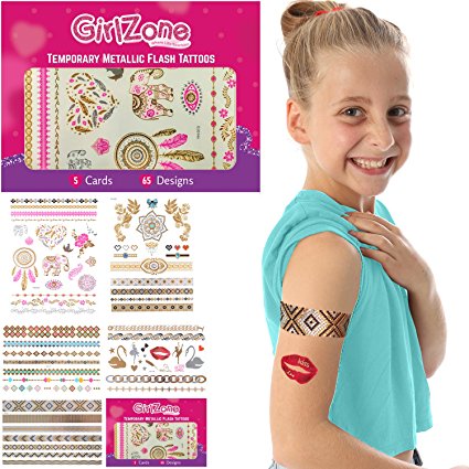 FLASH TATTOOS GIFTS FOR GIRLS - Metallic, Temporary Flash Tattoos - 5 Card Pack - 65 Designs.. Makes A Great Christmas Gifts For Girls Aged 4 5 6 7 8 9 10 years old plus.