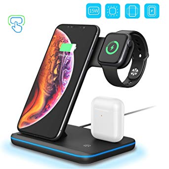 WAITIEE Wireless Charger, 3 in 1 Qi-Certified 15W Fast Charging Station for Apple iWatch Series 5/4/3/2/1,AirPods, Compatible with iPhone 11 Series/XS MAX/XR/XS/X/8/8 Plus/Samsung (Black)