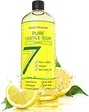 Seven Minerals Pure Castile Soap, Lemon – NO Palm Oil – MILD & GENTLE Liquid Soap For Sensitive Skin – All Natural, Non GMO & Vegan Formula with Organic Essential Oils – 33.8 oz