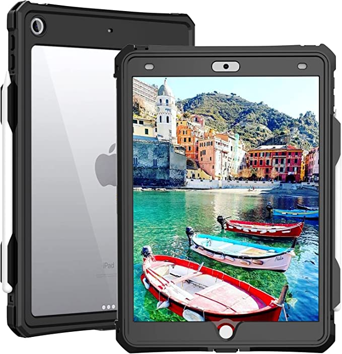 Waterproof iPad 10.2 Case - Waterproof iPad 9th Generation Case 2021 Full Body Protection Bumper Case for iPad 7 8 9 Gen 10.2 inches Shockproof Anti-Scratch with Strap Stand Pencil Holder (Full Black)