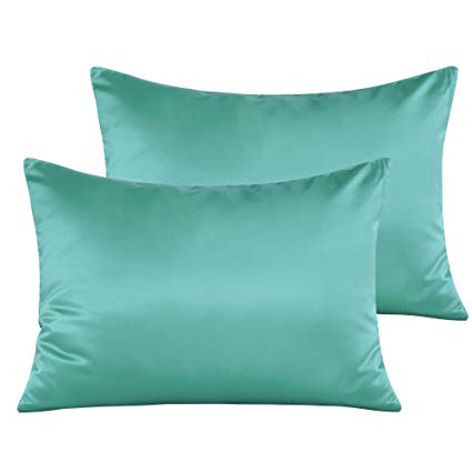 NTBAY Satin Toddler Pillowcases, Travel Pillow Covers Set of 2, Zipper Closure, Super Soft and Luxury, 13"x 18", Cyan