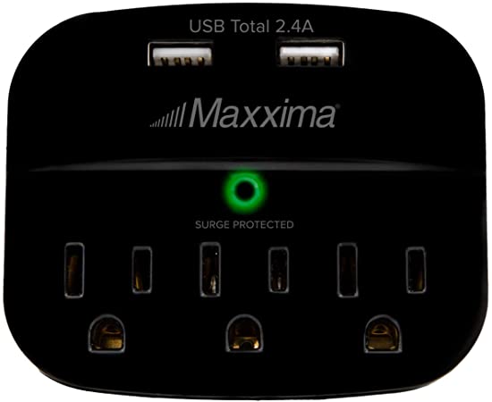 Maxxima 3 Outlet Dual USB Grounded Adaptor Plug 2.4A Port 490 Joules Surge Protector, Black