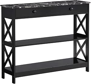 Convenience Concepts Oxford 1 Drawer Console Table with Shelves, Black Faux Marble/Black