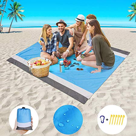 Beach Blanket Sand Proof Beach Mat Sand Free Extra Large Oversized for 4-7 Adults Waterproof Big & Compact Sandless Picnic Mat Quick Drying Nylon Lightweight with 6 Stakes & 4 Corner Pocket