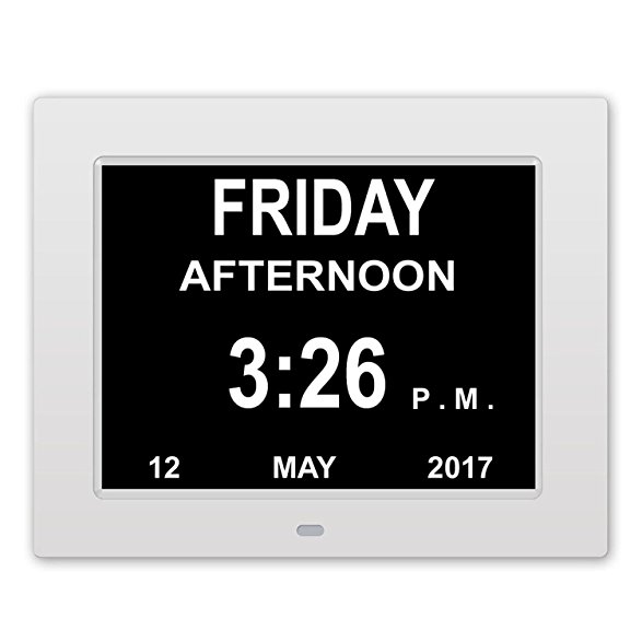 Day Clocks, 12 Alarms & 6 Reminder Tags, HOSYO 8" Memory Loss Digital Calendar Alarm Day Clock for Seniors - Extra Large Non-Abbreviated Day & Month(White)