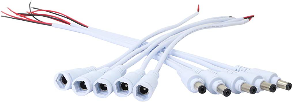 2.1 x 5.5mm DC Power Cable (Male & Female )SinLoon DC Plug Power Supply Adapter Extension Cable with Bare Wires 20AWG Connectors for 5V / 12V / 24V security CCTV parking came (5 PairsDC5.5 2.1 White)