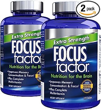 Focus Factor Adults Extra Strength, 120 Count- Brain Supplement for Memory, Concentration, Focus - DMAE, Vitamin D, DHA- Brain Health Supplement – Trusted Formula- Brain Vitamins, Focus Pills (2 pk)