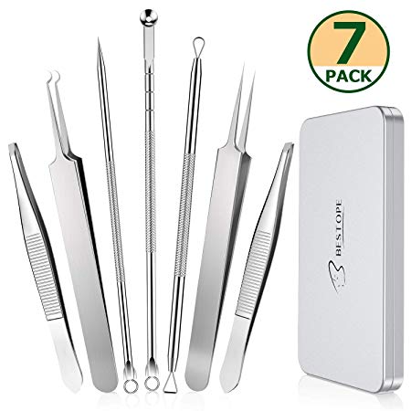 BESTOPE Blackhead Remover Eyebrow Tweezer,Curved Blackhead Tweezers Kit,7-in-1 Professional Stainless Pimple Acne Blemish Removal Tools and Slant Tweezers Set with Metal Case