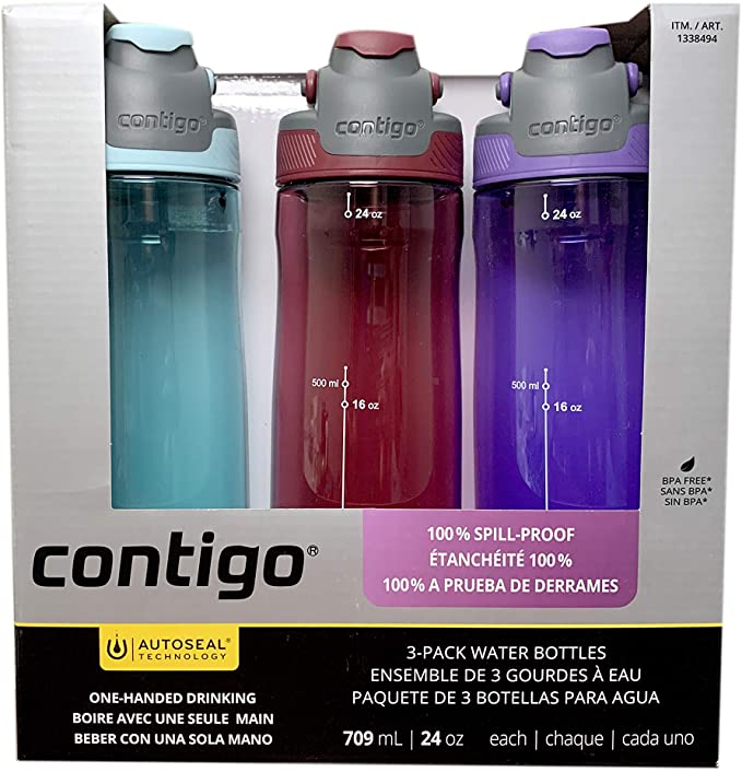 Contigo Auto Seal 3-Pack Water Bottles (Blue, Red, Purple