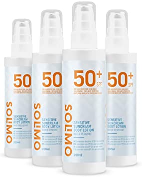 Amazon Brand- Solimo - SUN  - Sun Cream Sensitive Body Lotion, SPF 50 , with Vitamin E, antioxidant (4x200 ml)