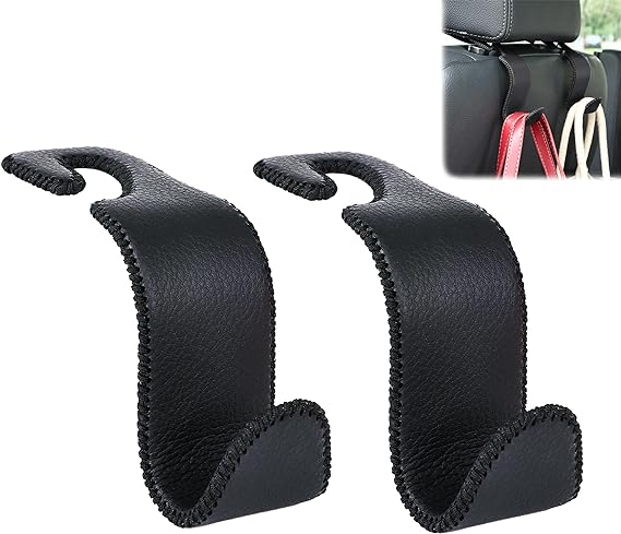 Amooca Car Seat Headrest Hook Universal Vehicle Storage Hanger Leather with Metal Car Seat Back Organizer for Handbag Purse Coat Black 2 Pack