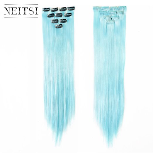 Neitsi® 10pcs 18inch Colored Highlight Synthetic Clip on in Hair Extensions #F16 Light Blue