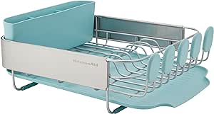 KitchenAid Compact Space Saving Rust Resistant Dish Rack with Removable Flatware Caddy and Angled Self Draining Drainboard, 12.63 x 15.87 x 5.54 Inch, Mineral Water