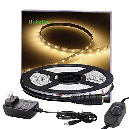 Ustellar Dimmable LED Light Strip Kit with UL Listed Power Supply, 300 Units SMD 2835 LEDs, 16.4ft/5m 12V LED Ribbon, Non-waterproof, 3000K Warm White Lighting Strips, LED Tape