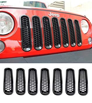 E-cowlboy Black Honeycomb Trim Grill Grille Cover Insert Mesh Frame for Jeep Wrangler JK & Unlimited 2007-2016 - 7 Pieces Kit