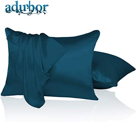 Adubor Luxury Silky Pillowcases with Hidden Zipper, Super Shining Satin Pillow Cases Covers Soft for Hair and Skin, Anti-Aging, Reduce Face Wrinkles, Cool Sleeping(Peacock Blue, 20 x 30 inches 2 Pack)