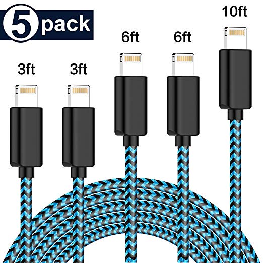 TNSO MFi Certified iPhone Charger Lightning Cable 5 Pack [3/3/6/6/10FT] Extra Long Nylon Braided USB Charging & Syncing Cord Compatible iPhone Xs/Max/XR/X/8/8Plus/7/7Plus/6S/6S Plus/SE/iPad/Nan More