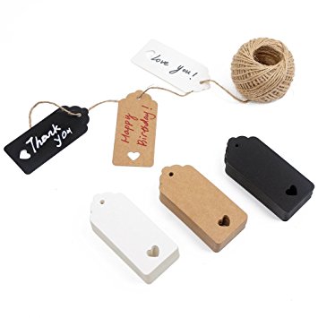 150ct Kraft Gift Tags Labels with String for Christmas Thanksgiving Holiday Birthday Wedding Presents - Love Heart Natural Recycled Paper in Black White Brown Colors and 100 Feet Natural Twine
