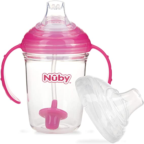 Nuby 360 Grip N' Sip 8oz Tritan Cup, Weighted Straw with Hygienic Cover, Pink