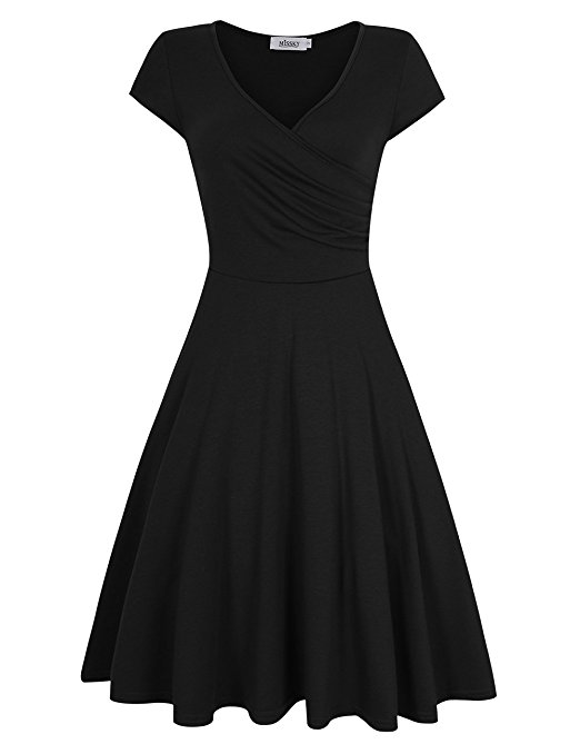 MISSKY Women V Neck A Line Slim Fit and Flare Short Sleeve and Long Sleeve Swing Cocktail Vintage Summer Dress