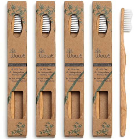 Natural Bamboo Toothbrush - Eco Friendly - BPA Free Bristles - 4 Pack - WowE Products