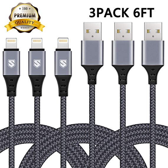 Sundix Phone Charger Cable 3Pack 6FT Nylon Braided Charging & Syncing Cable Compatible XS/XR/X/8/8/Plus/ 7/7 Plus/ 6/6 Plus/ 6s/6s Plus/ 5/5s