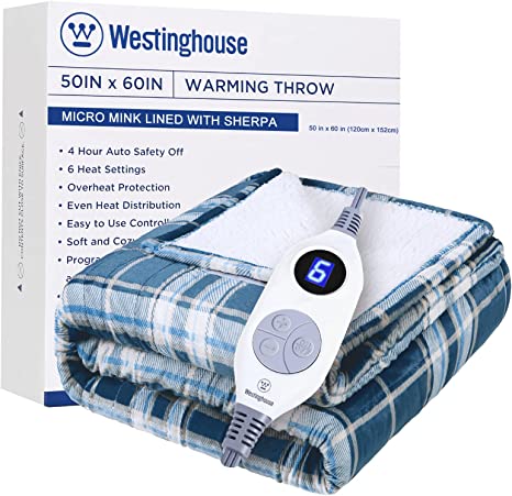 Westinghouse Electric Blanket Heated Throw Blanket, Plaid Sherpa Heating Blanket, 6 Heat Settings & 4 Hours Auto Off, Teal Plaid, 50x60in