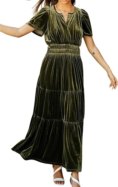 R.Vivimos Women's Fall Winter Vintage Velvet Dress Short Sleeve V Neck Elastic Waist Tiered Ruffle A-Line Elegant Maxi Dress