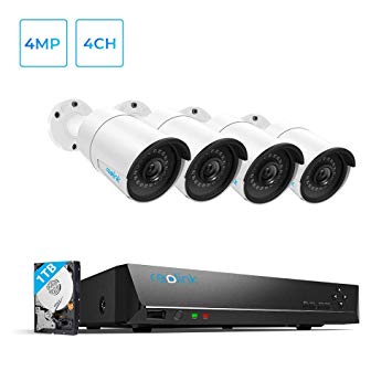 Reolink 4CH 4MP PoE-Security-Camera-System, 4pcs Wired 4MP Outdoor PoE IP Cameras, 4-Channel NVR with 1TB HDD for Home and Business 24/7 Recording