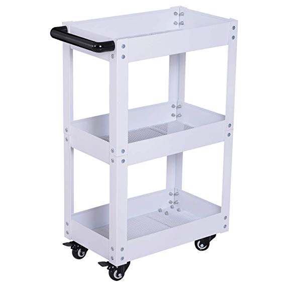 HOMCOM 3 Tier Kitchen Storage Trolley Cart W/Handle Rolling Castors Kitchen Bathroom Garage Utility and Organisation White