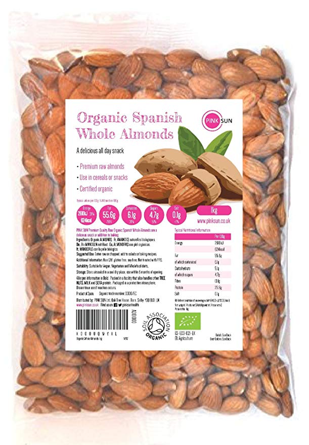 PINK SUN Organic Whole Almonds 1kg (or 2kg, 3kg, 5kg) Raw Natural Spanish Nuts Unsalted Whole Foods With Skins On Kernals Unpasteurised Unroasted Gluten Free Vegetarian Vegan Bio Bulk Buy 1000g