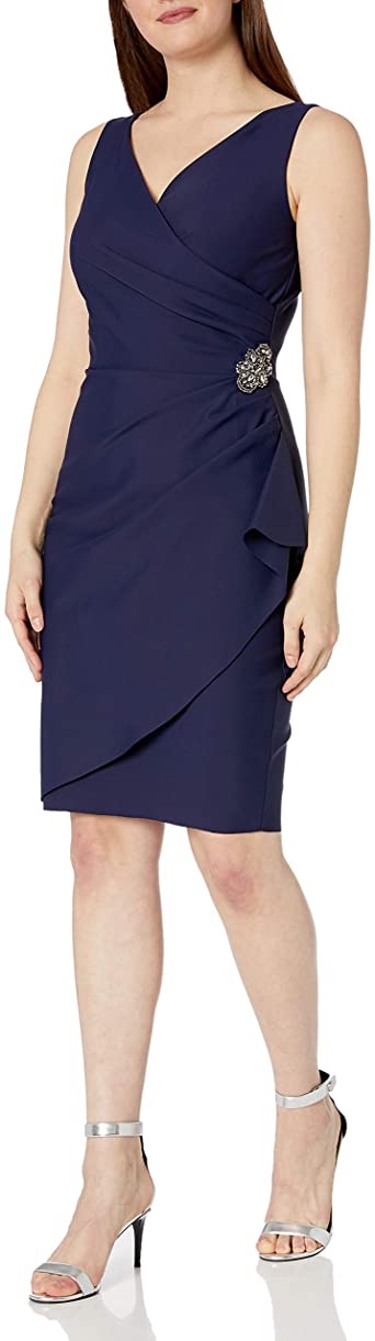 Alex Evenings Women's Slimming Short Ruched Dress with Ruffle(Petite and Regular)