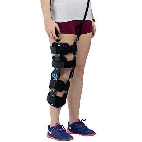 Hinged ROM Knee Brace with Strap, Adjustable Leg Stabilizer Post OP Recovery Immobilization Splint - Medical Orthopedic Guard Protector Patella Injury Immobilizer Brace