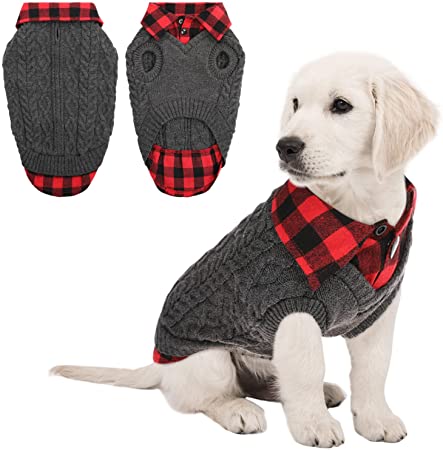 Zuozee Dog Sweater, Acrylic Soft Puppy Knitted Plaid Clothes Outfit, Cozy Fake Two-Piece Style Pet Knitwear Apparel for Small Medium Doggy and Cat