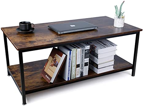 TUSY Industrial Coffee Table for Living Room:（43.5''x20''x18''）, Tea Table with Large Storage Shelf, Wood Look Accent Table with Metal Frame, Rustic Home Decor for Home & Office