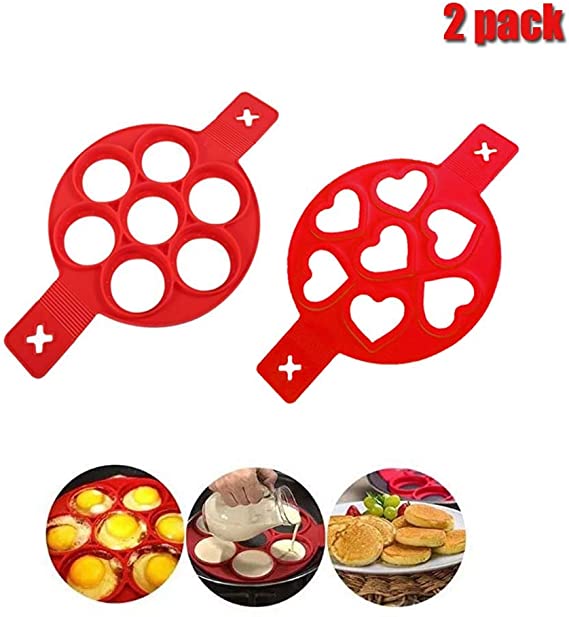 Pancake mold maker, 2 pack Upgrade 14 Cavity Nonstick Silicone Baking Round Mold Egg Rings Muffin Pancake Mould Heart