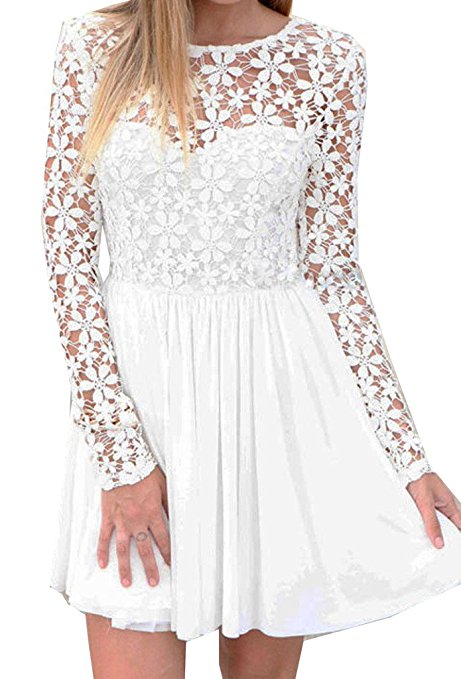 ZKESS Women's Long Sleeve Lace Casual Skater Dress White Party Dresses