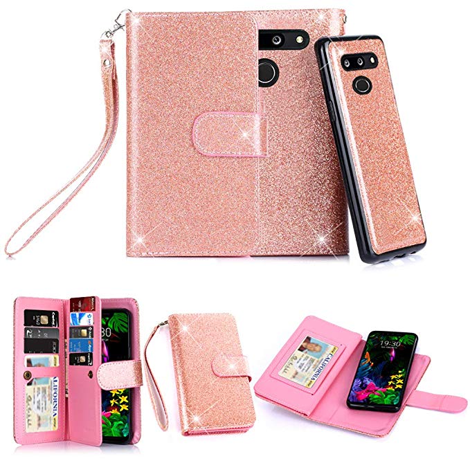 LG G8 ThinQ Case, LG G8 Case, 10 Card Slot - ID Slot, Button Phone Wallet Cover Folio PU Leather Case Cover with Detachable Magnetic Hard Case - Glitter Rose Gold