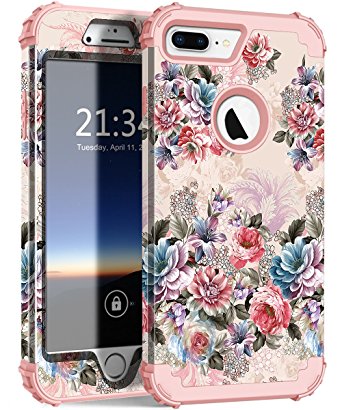 iPhone 7 Plus Case, Hocase Drop Protection Shock Absorbing Silicone Bumper Hard Shell Hybrid Dual Layer Full-Body Protective Case for Apple iPhone 7 Plus 5.5" - Peony Flowers / Rose Gold Pink