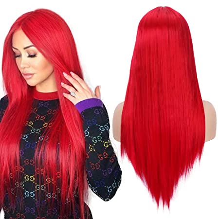 Fani 22" Long Straight Red Wigs for Women Natural Hairline Middle Part Synthetic Wigs for Women Halloween Cosplay Party Costume (113#)